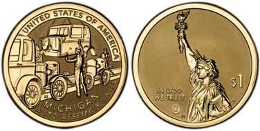 2025-S $1 American Innovation MI Rev PR Auto Assembly Line First Strike PR70