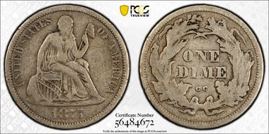 1875-CC 10C Mintmark Above Bow F12