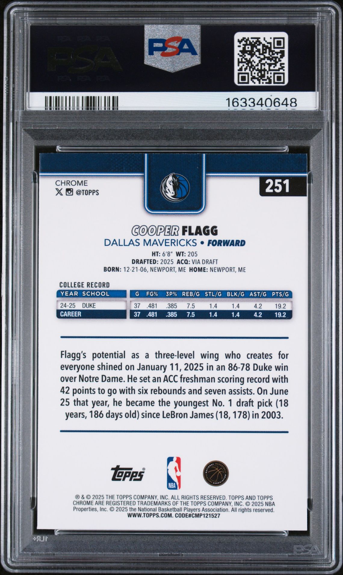 2025 Topps Chrome Cooper Flagg #251 (Aqua Basketball Refractor) Mint 9 back