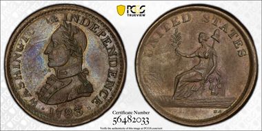 1783 Copper Washington & Independence Large Military Bust MS62BN