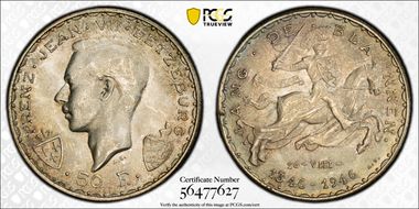 1946 50 Fr 600th Ann John the Blind KM-48  Ag MS66