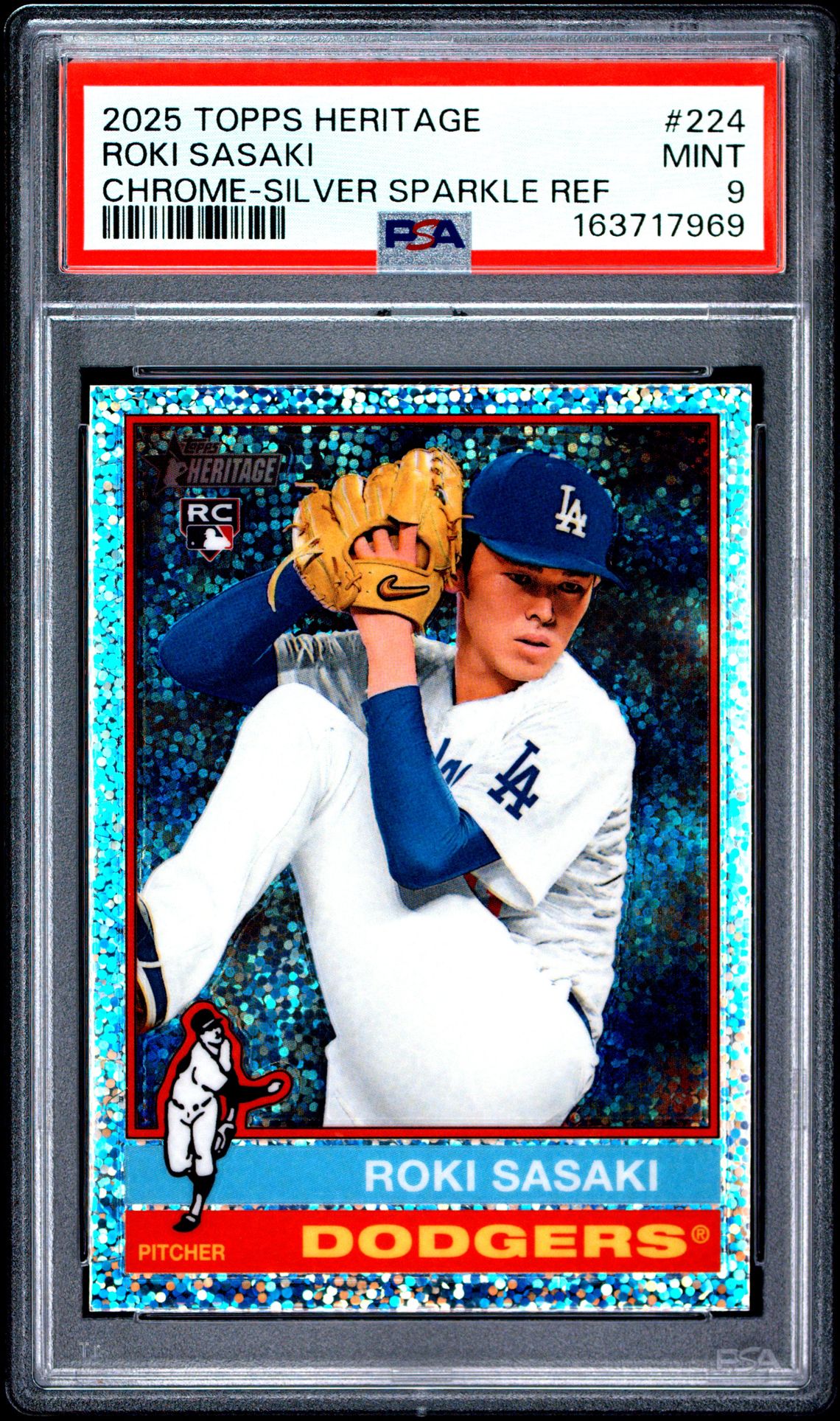 2025 Topps Heritage Roki Sasaki #224 (Chrome-Silver Sparkle Ref) Mint 9 front