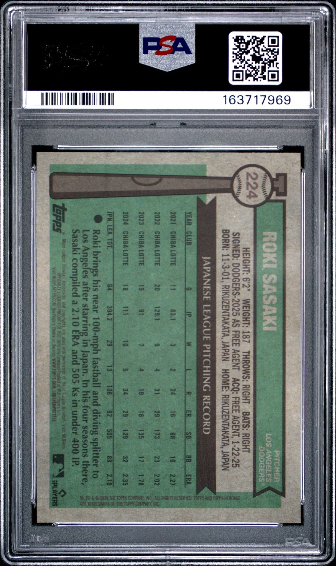 2025 Topps Heritage Roki Sasaki #224 (Chrome-Silver Sparkle Ref) Mint 9 back