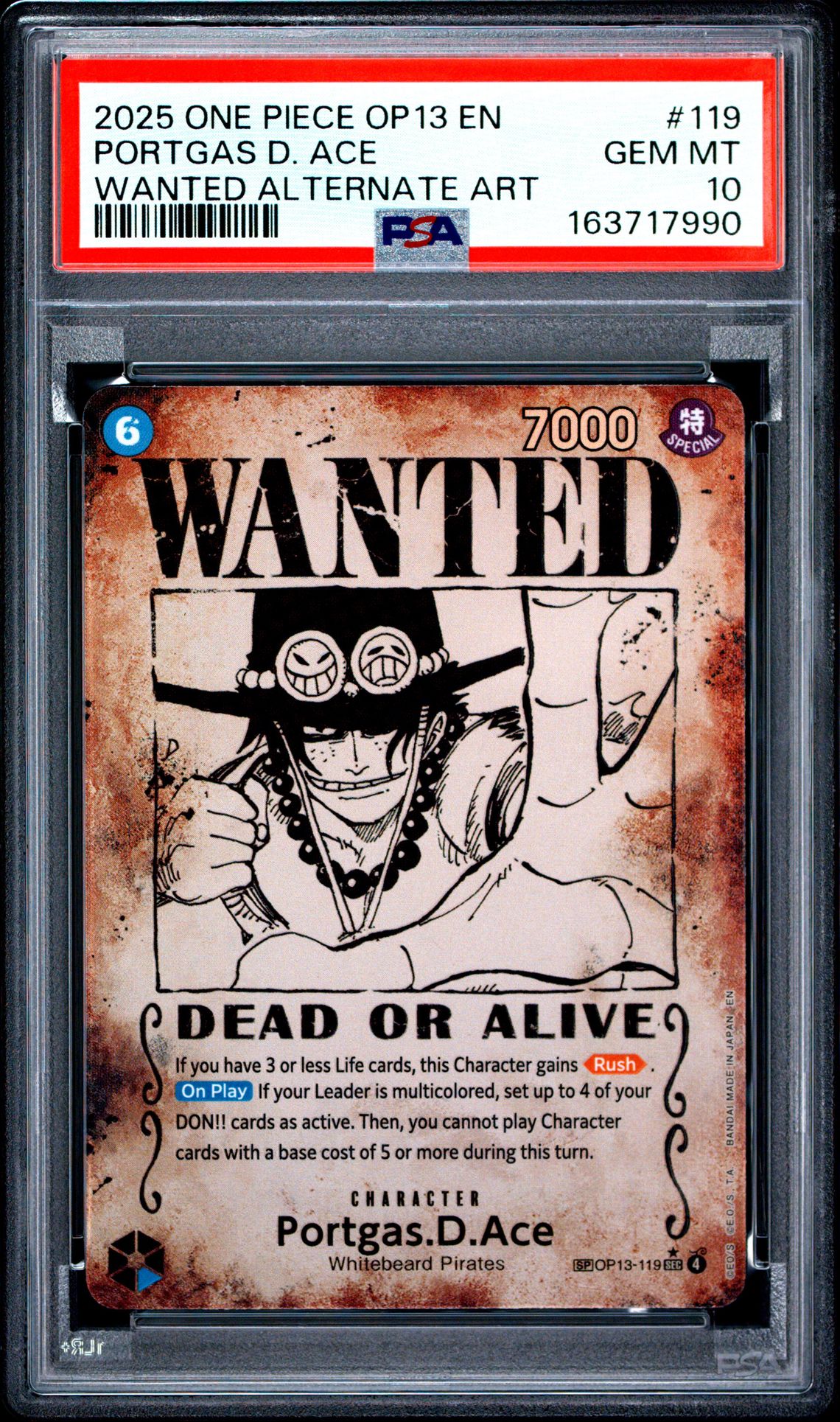 2025 One Piece Op13-Carrying On His Will Portgas D. Ace #119 (Wanted Alternate Art) Gem Mt 10 front view - PSA graded GEM MT 10