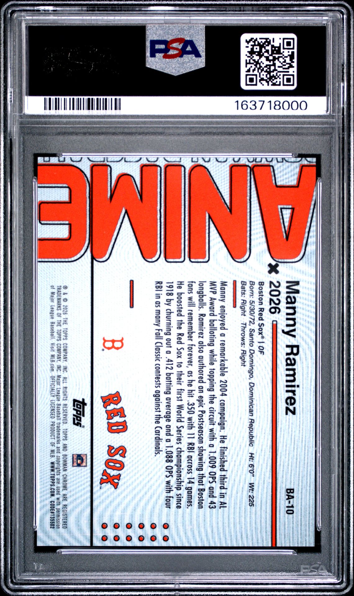 2026 Bowman Chrome Anime Manny Ramirez #Ba-10 Gem Mt 10 back view - PSA certificate #163718000