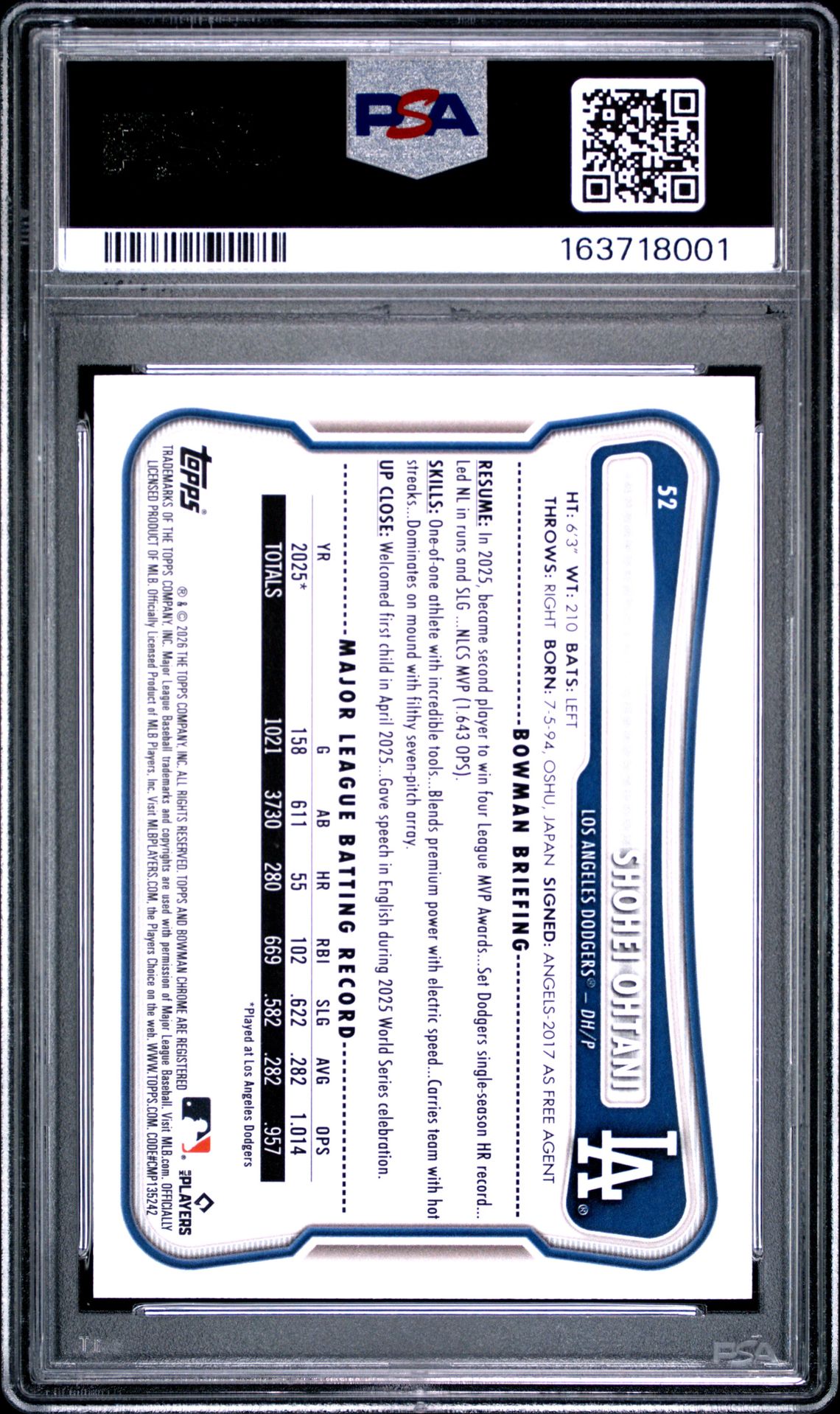 2026 Bowman Shohei Ohtani #52 (Gold Pattern) Mint 9 back