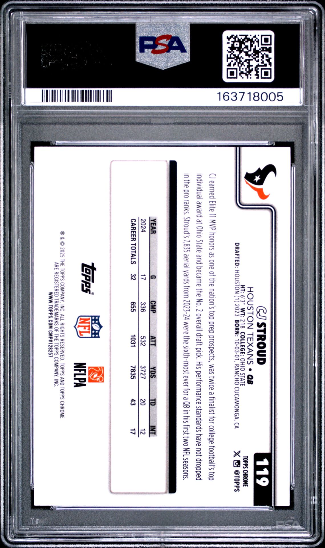 2025 Topps Chrome Cj Stroud #119 (Purple Wave) Gem Mt 10 back view - PSA certificate #163718005
