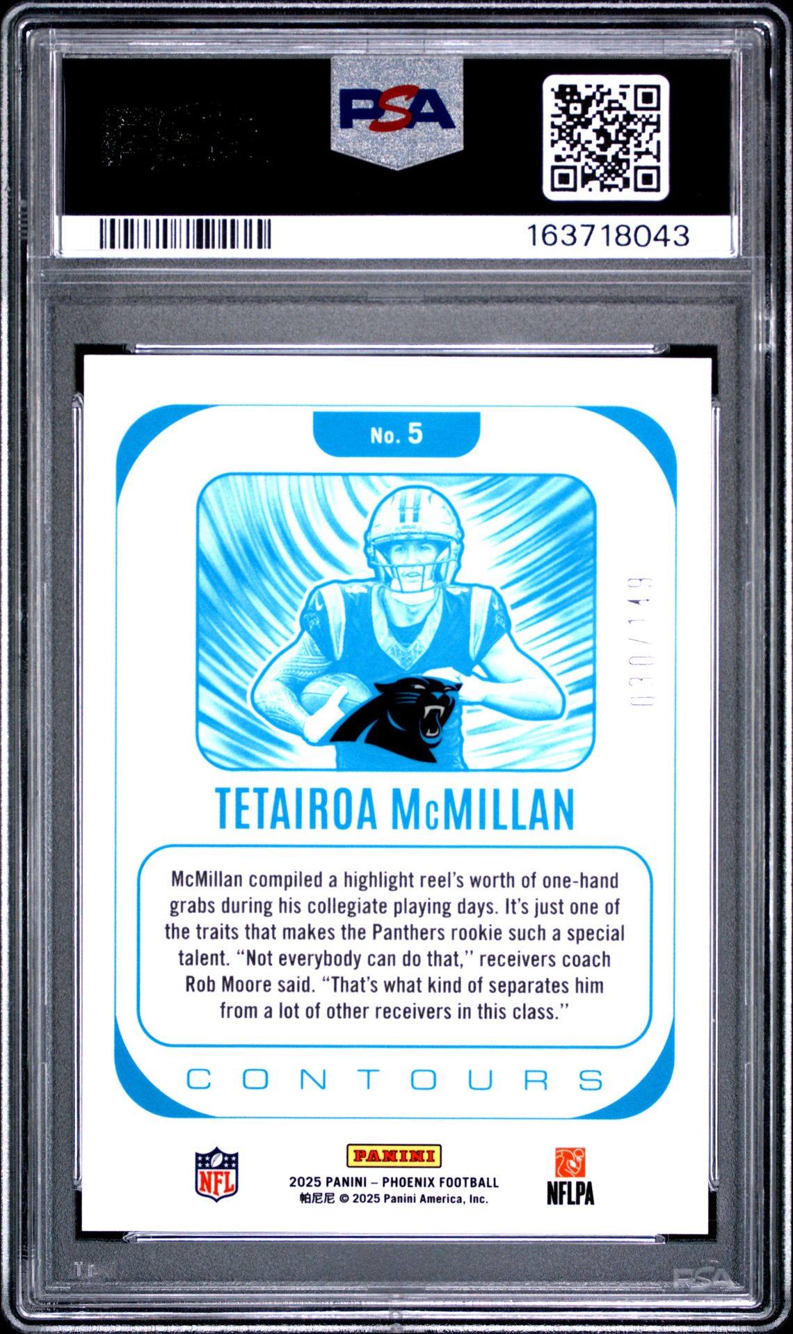 2025 Panini Phoenix Contours Tetairoa Mcmillan #5 (Contours-Yellow Pyramids) Gem Mt 10 back view - PSA certificate #163718043