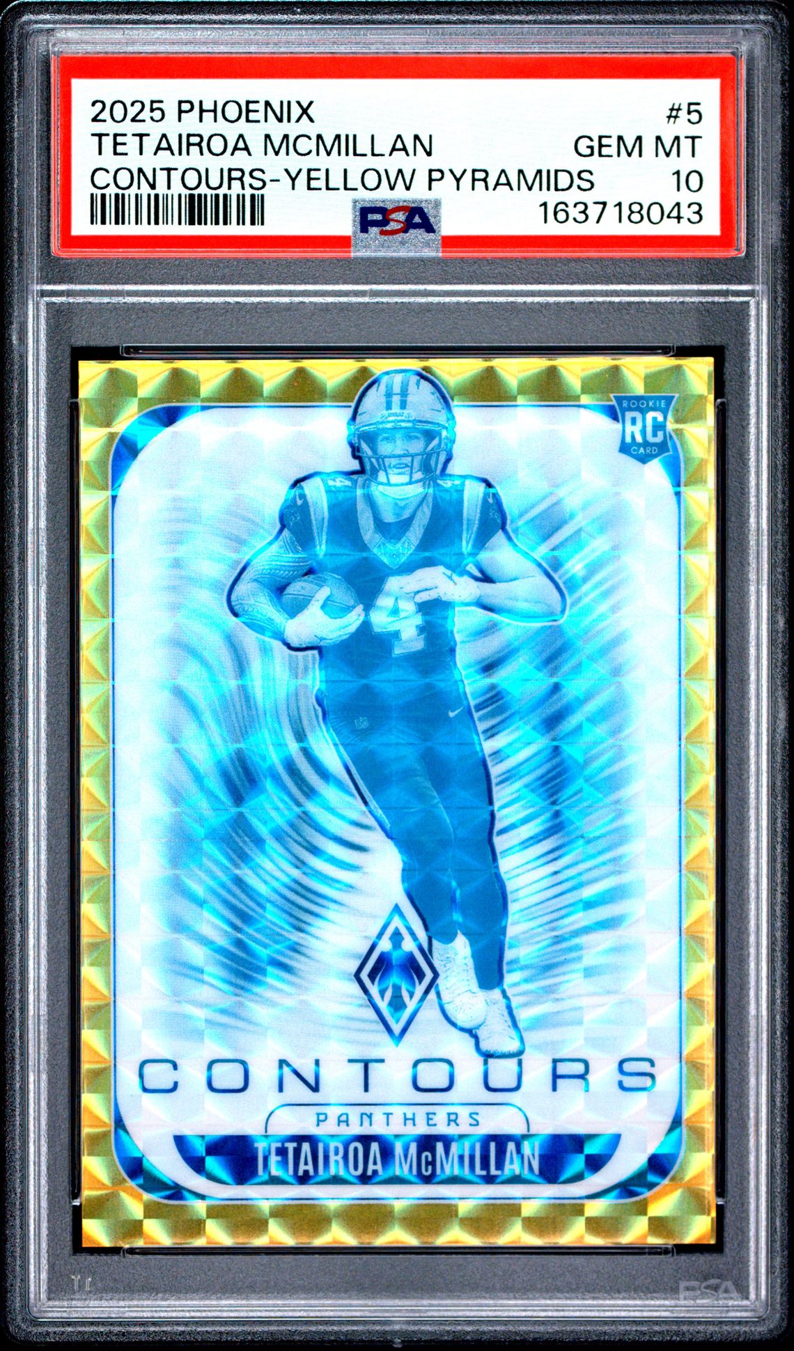 2025 Panini Phoenix Contours Tetairoa Mcmillan #5 (Contours-Yellow Pyramids) Gem Mt 10 front view - PSA graded GEM MT 10