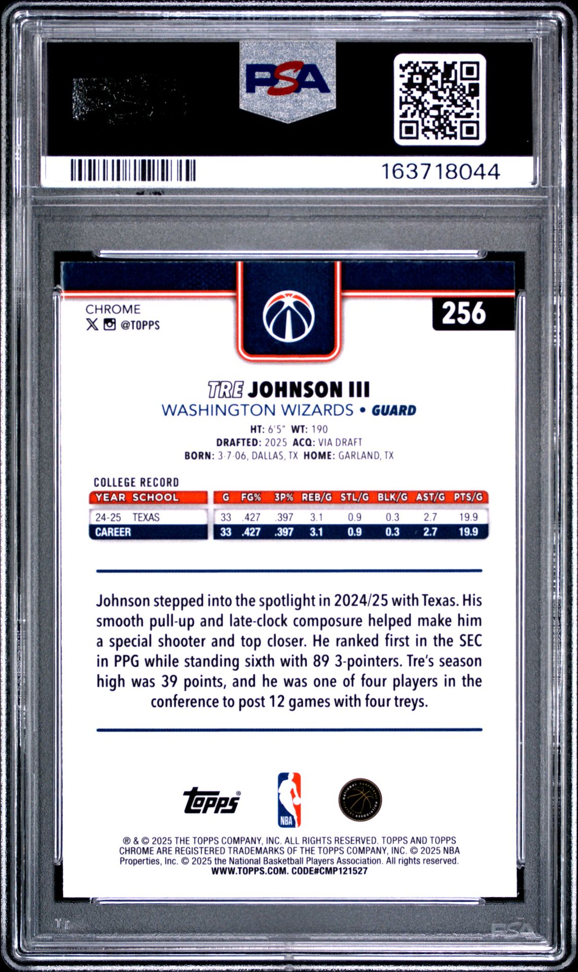 2025 Topps Chrome Sapphire Edition Tre Johnson Iii #256 Gem Mt 10 back view - PSA certificate #163718044