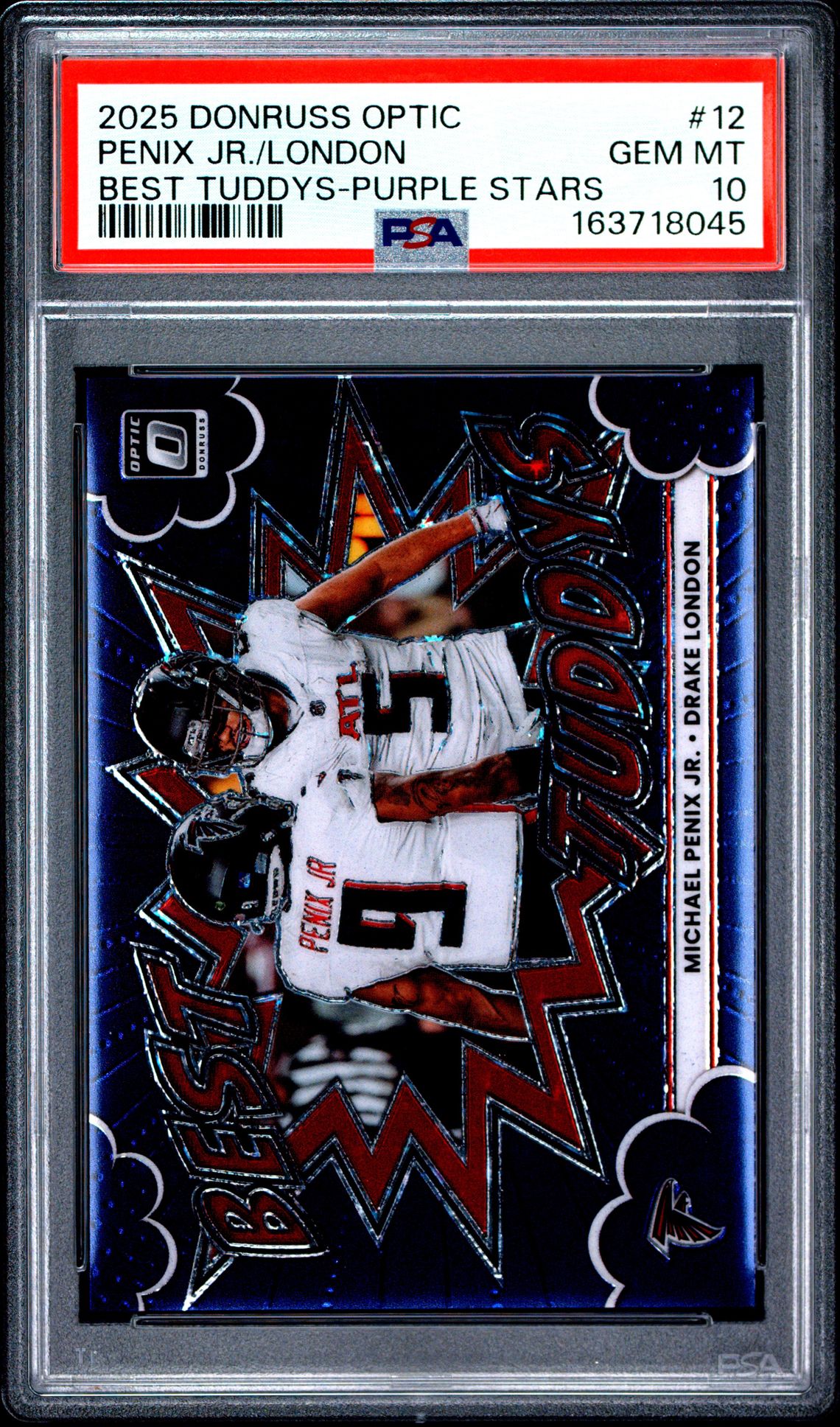 2025 Panini Donruss Optic Best Tuddys Penix Jr./London #12 (Best Tuddys-Purple Stars) Gem Mt 10 front view - PSA graded GEM MT 10