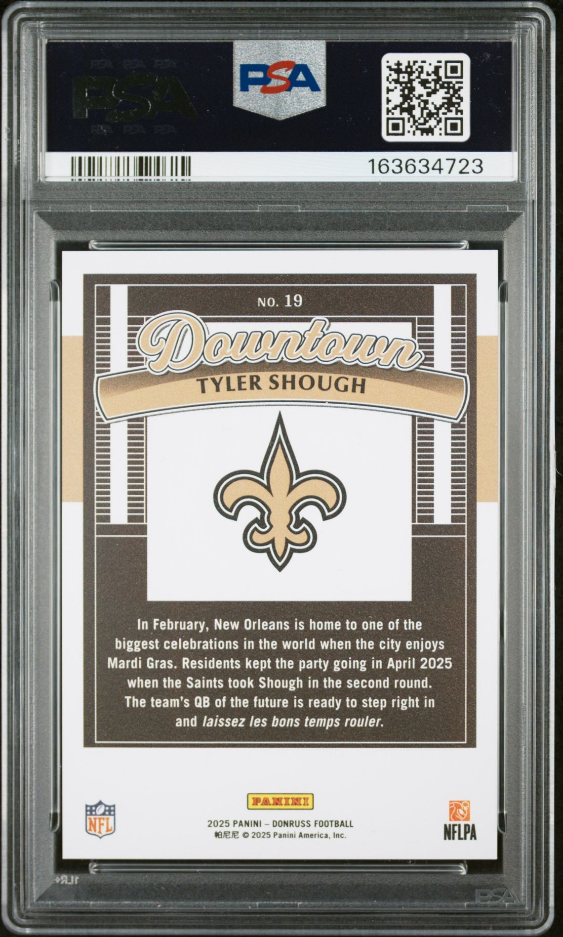 2025 Panini Donruss Downtown Tyler Shough #19 Gem Mt 10 back view - PSA certificate #163634723