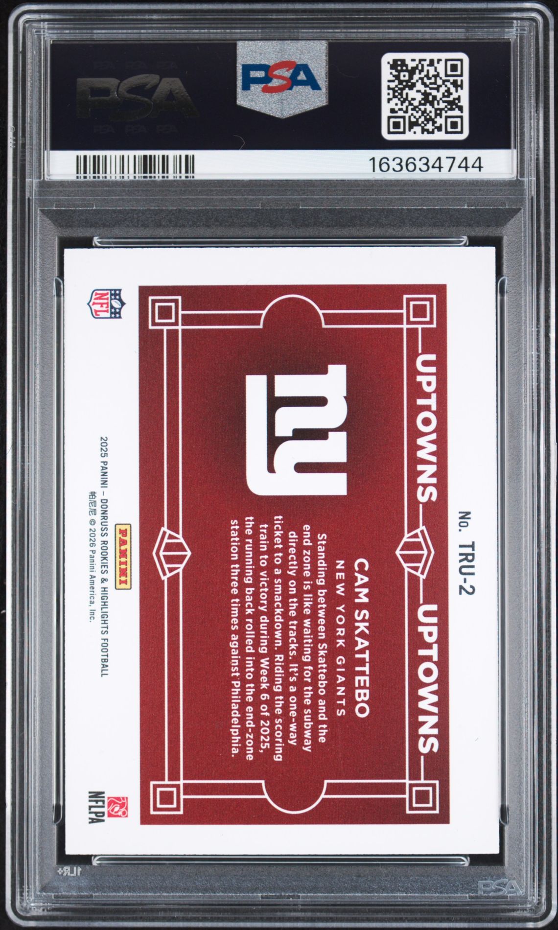 2025 Donruss Rookies & Highlights The Rookies Uptowns Cam Skattebo #2 Gem Mt 10 back view - PSA certificate #163634744
