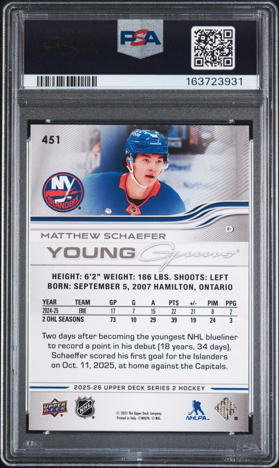 2025 Upper Deck Matthew Schaefer #451 Mint 9 back