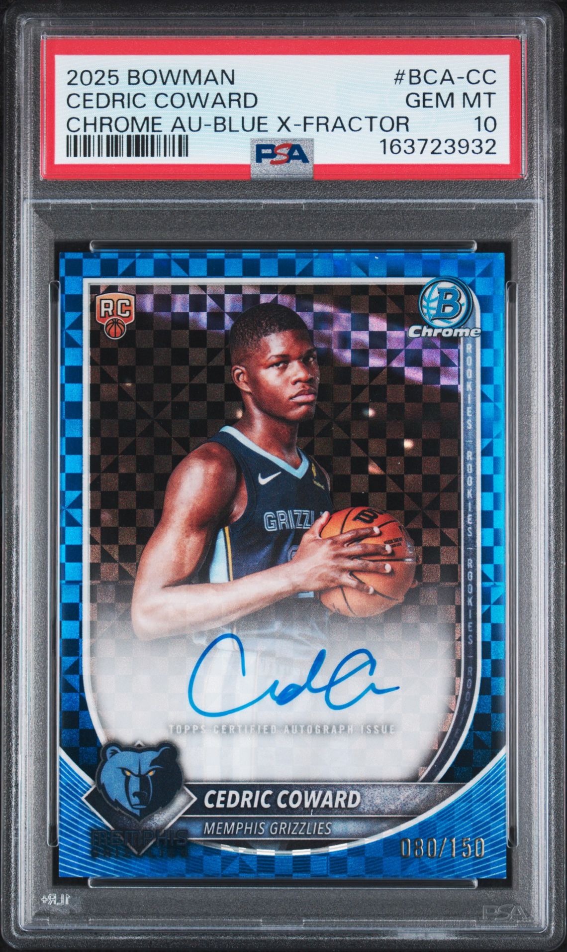 2025 Bowman Chrome Autographs Cedric Coward #Bca-Cc (Chrome Au-Blue X-Fractor) Gem Mt 10 front view - PSA graded GEM MT 10