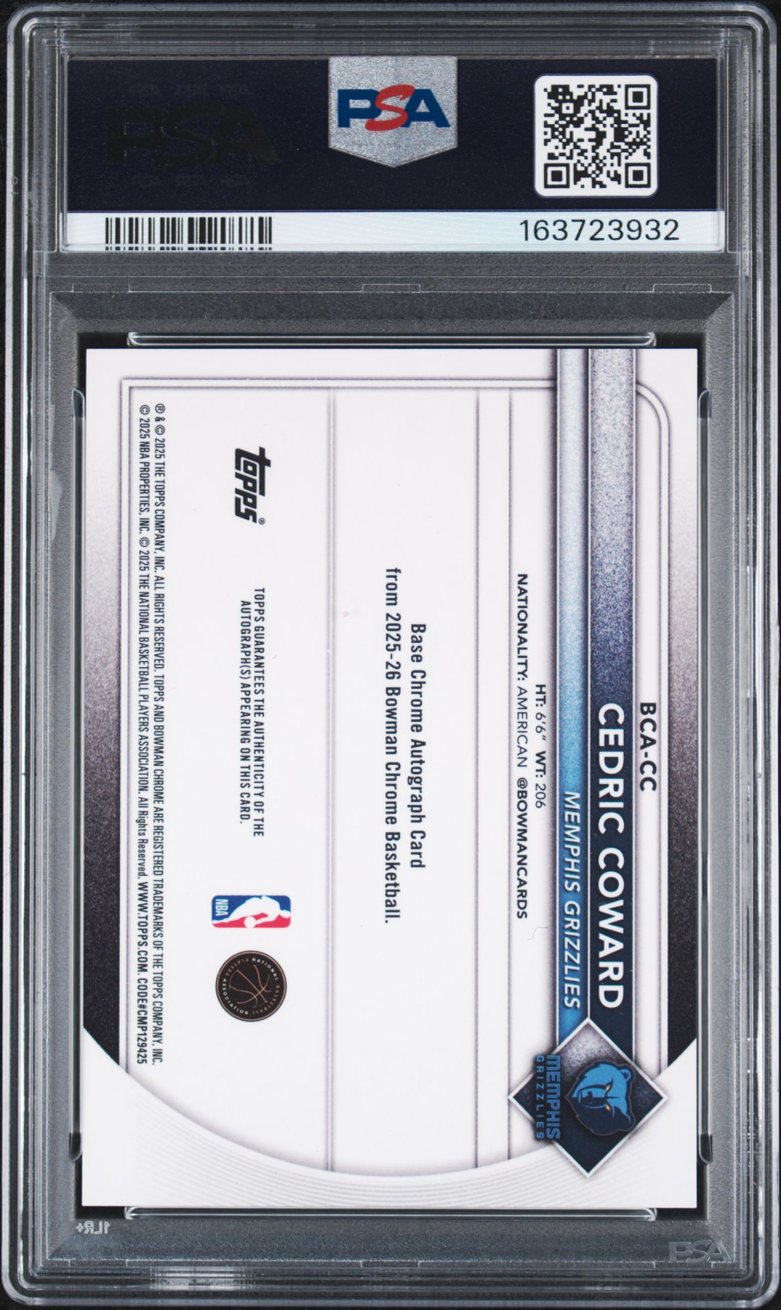2025 Bowman Chrome Autographs Cedric Coward #Bca-Cc (Chrome Au-Blue X-Fractor) Gem Mt 10 back view - PSA certificate #163723932