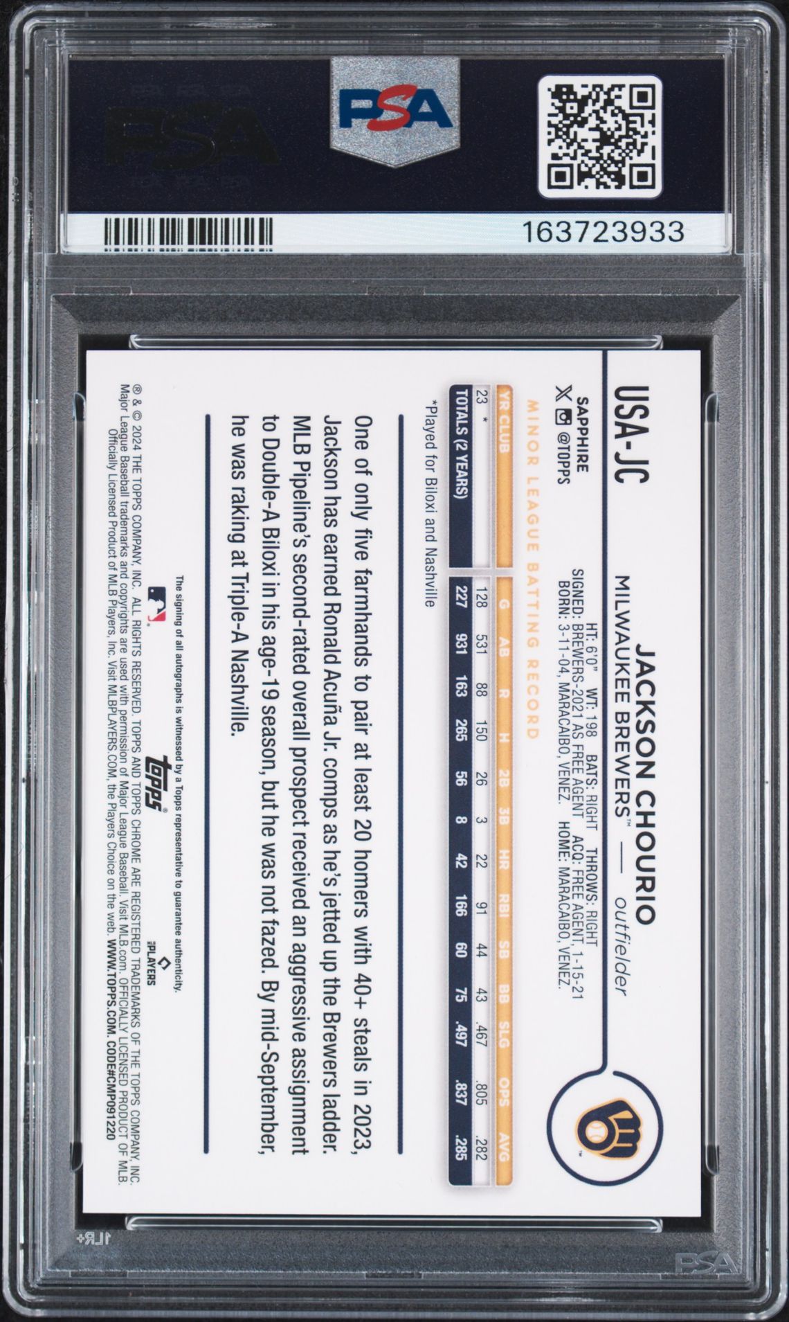 2024 Topps Chrome Sapphire Update Series Chrome Sapphire Autographs Jackson Chourio #Jc Gem Mt 10 back view - PSA certificate #163723933