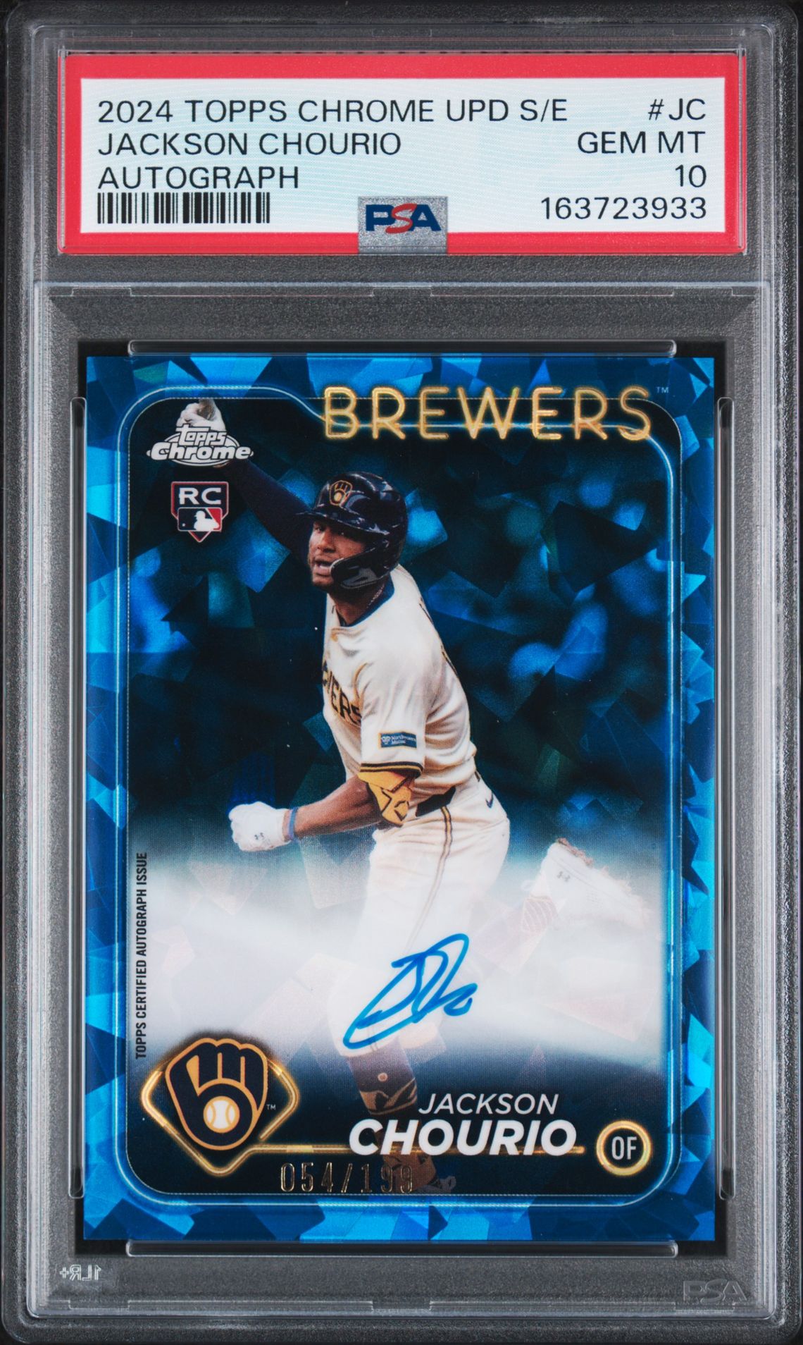 2024 Topps Chrome Sapphire Update Series Chrome Sapphire Autographs Jackson Chourio #Jc Gem Mt 10 front view - PSA graded GEM MT 10