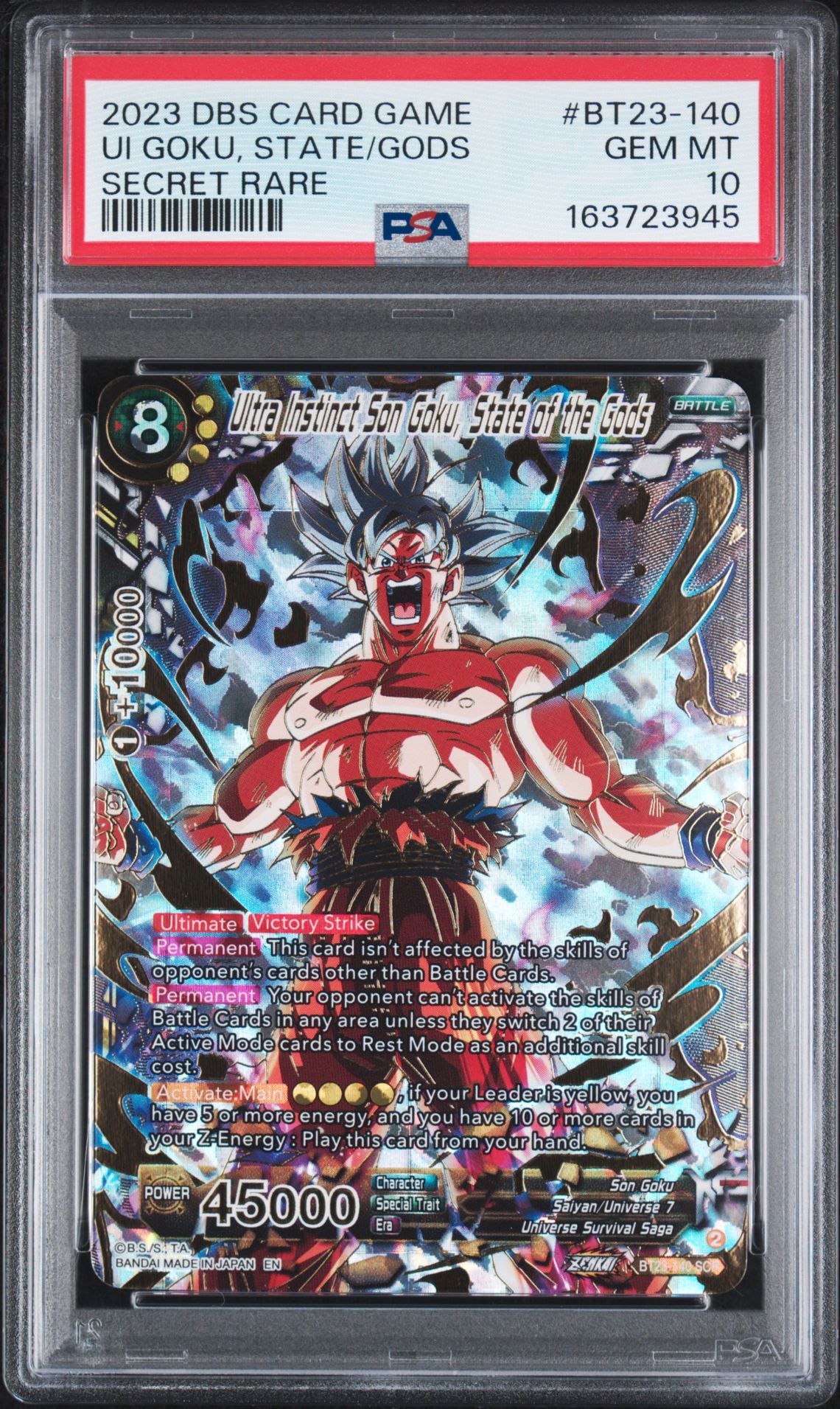 2023 Dragon Ball Super Card Game Series 23 Perfect Combination Ui Goku, State/Gods #Bt23-140 (Secret Rare) Gem Mt 10 front view - PSA graded GEM MT 10