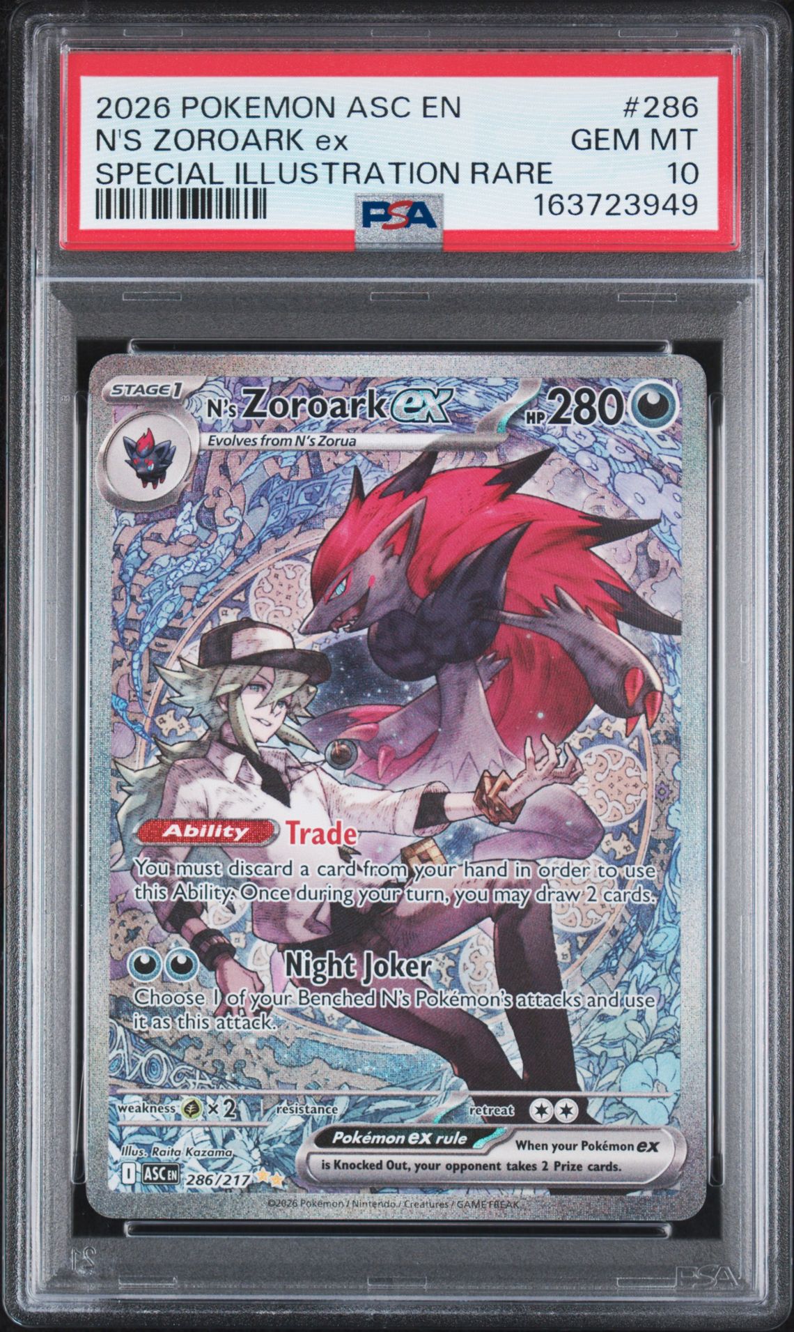 2026 Pokemon Asc En-Ascended Heroes N's Zoroark Ex #286 (Special Illustration Rare) Gem Mt 10 front view - PSA graded GEM MT 10