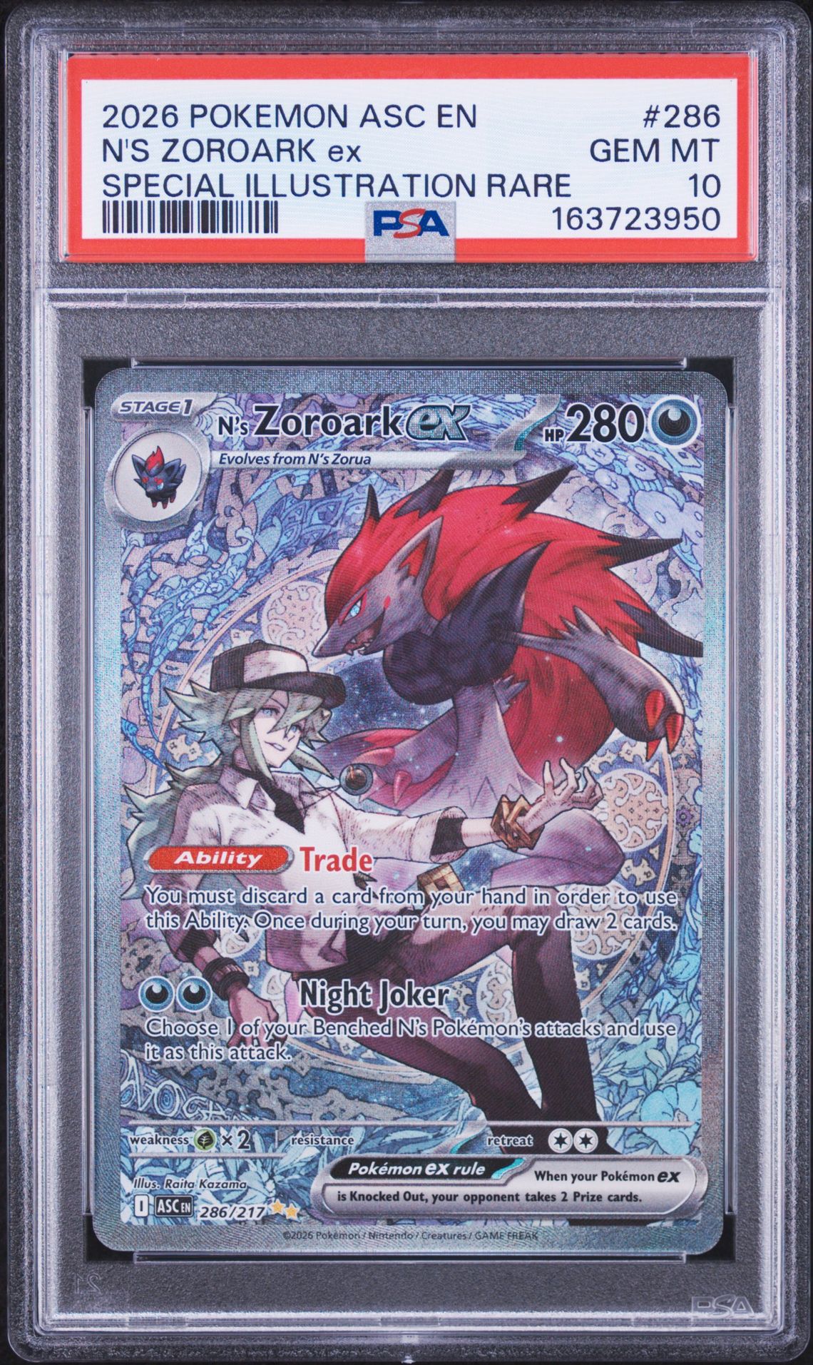 2026 Pokemon Asc En-Ascended Heroes N's Zoroark Ex #286 (Special Illustration Rare) Gem Mt 10 front view - PSA graded GEM MT 10