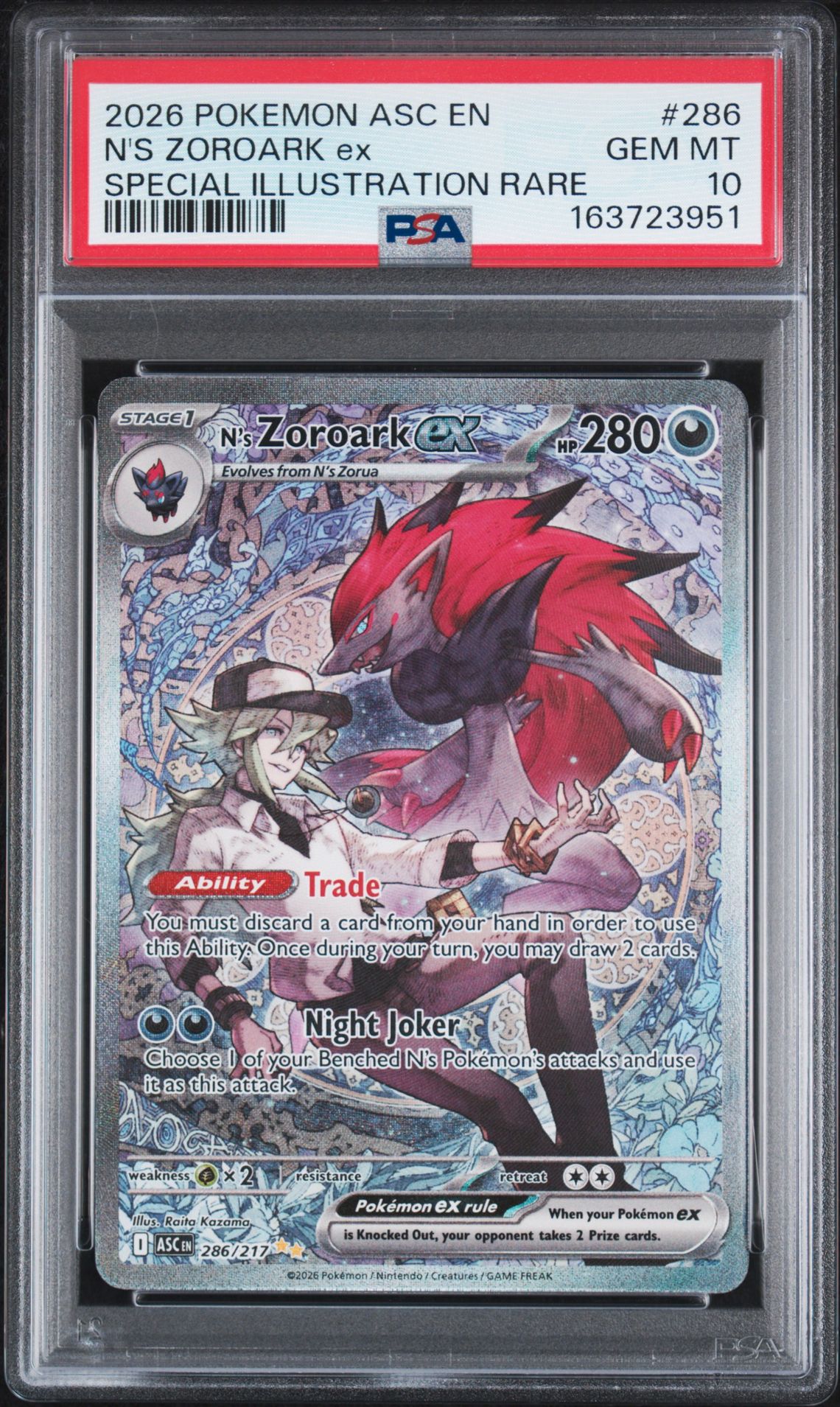 2026 Pokemon Asc En-Ascended Heroes N's Zoroark Ex #286 (Special Illustration Rare) Gem Mt 10 front view - PSA graded GEM MT 10