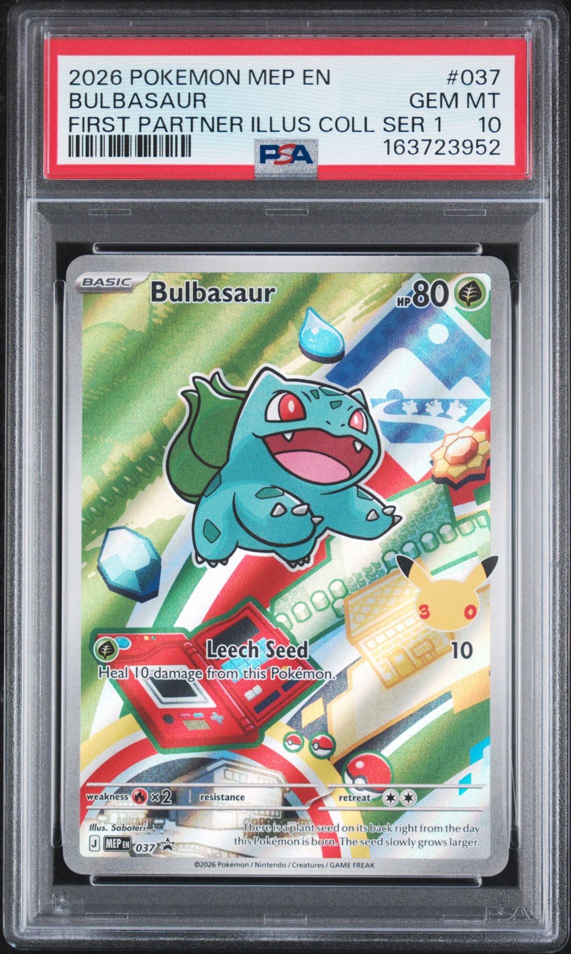 2026 Pokemon Mep En-Mega Evolution Black Star Promos Bulbasaur #037 (First Partner Illus Coll Ser 1) Gem Mt 10 front view - PSA graded GEM MT 10