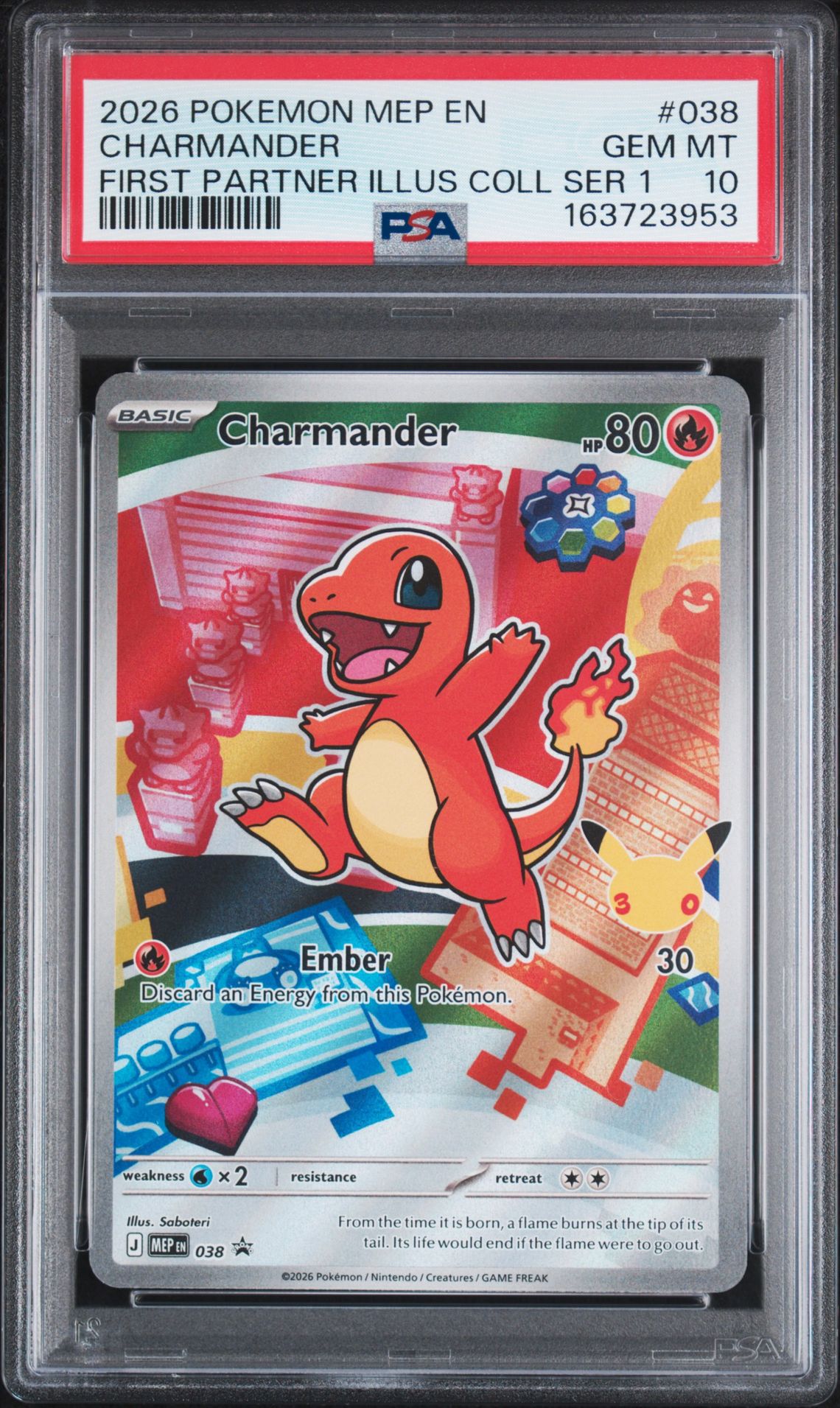 2026 Pokemon Mep En-Mega Evolution Black Star Promos Charmander #038 (First Partner Illus Coll Ser 1) Gem Mt 10 front view - PSA graded GEM MT 10