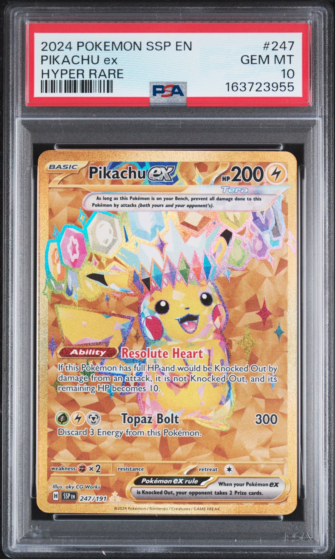 2024 Pokemon Ssp En-Surging Sparks Pikachu Ex #247 (Hyper Rare) Gem Mt 10 front view - PSA graded GEM MT 10