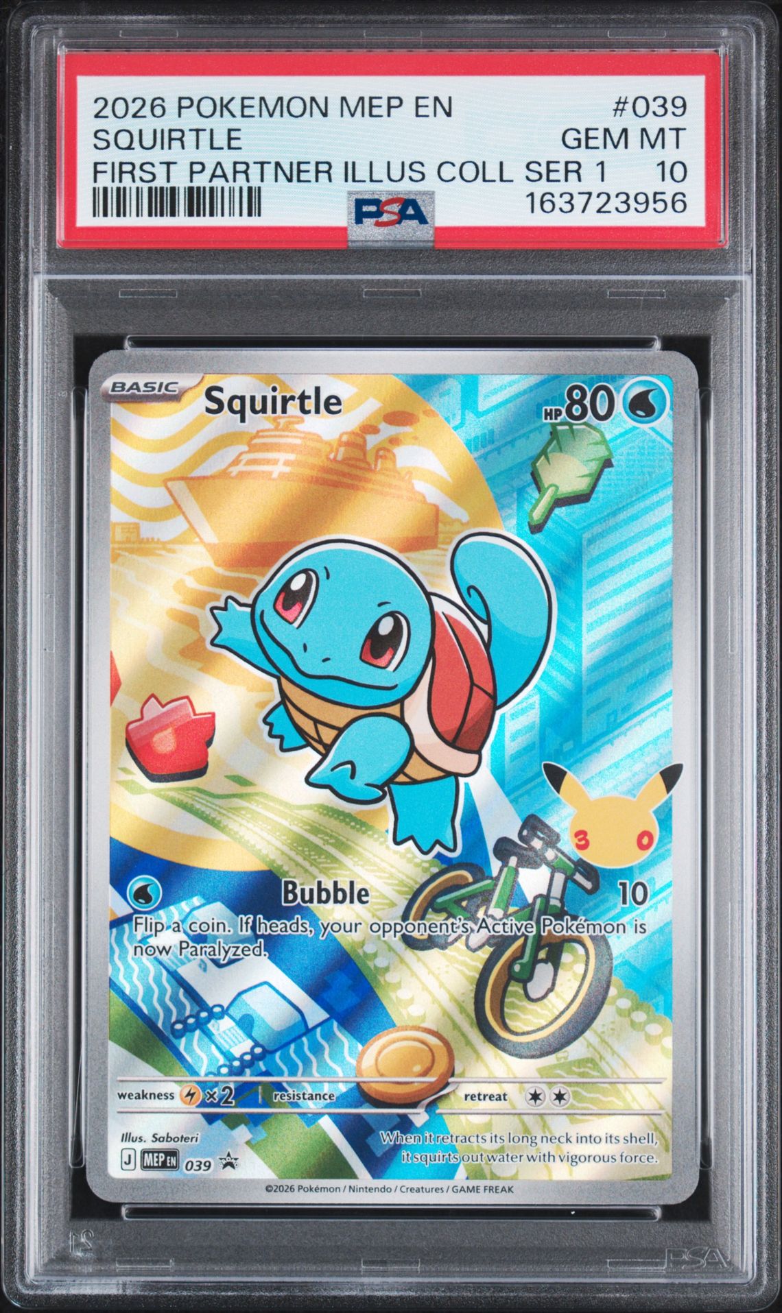 2026 Pokemon Mep En-Mega Evolution Black Star Promos Squirtle #039 (First Partner Illus Coll Ser 1) Gem Mt 10 front view - PSA graded GEM MT 10