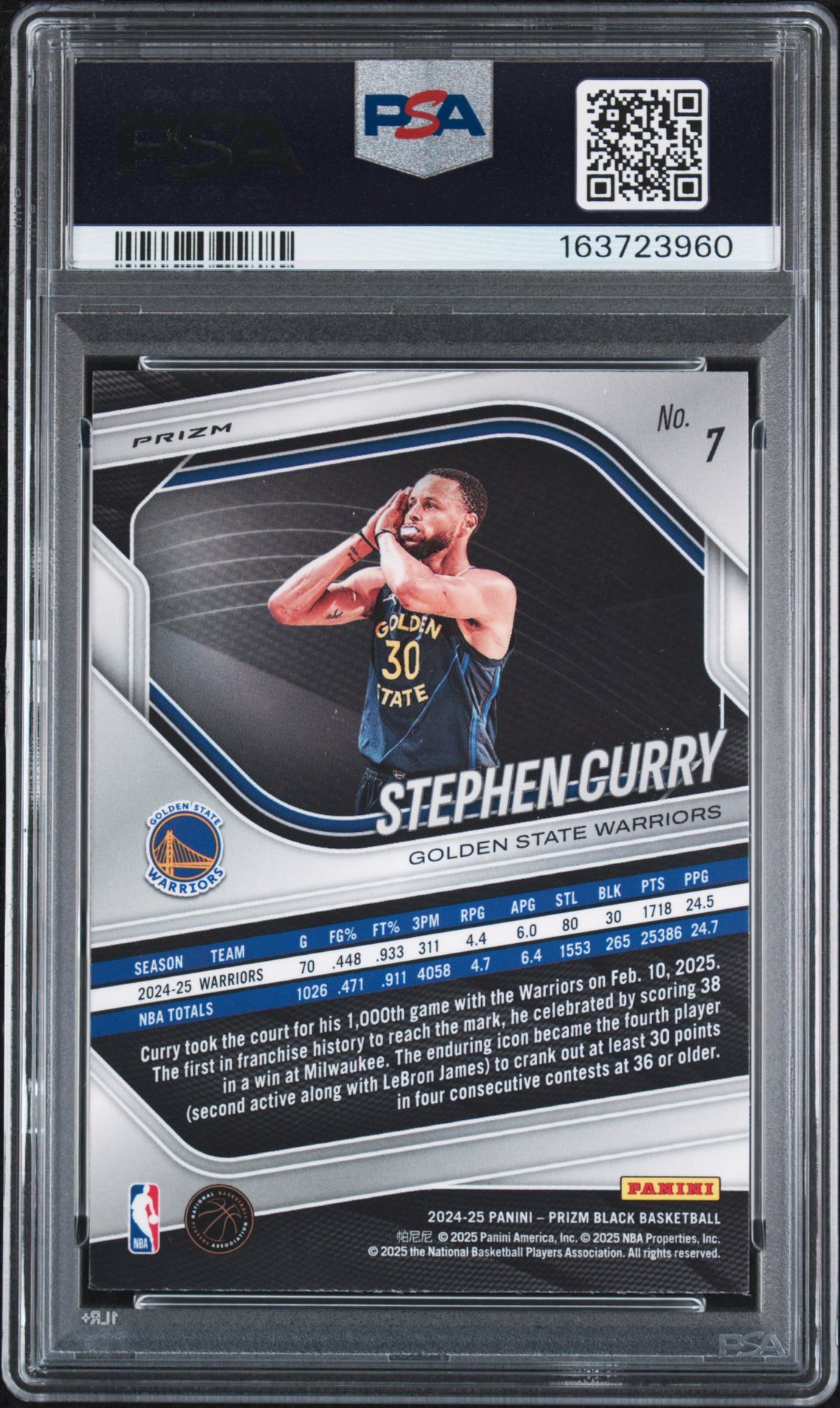 2024 Panini Prizm Black Stephen Curry #7 (Silver Prizm) Gem Mt 10 back view - PSA certificate #163723960