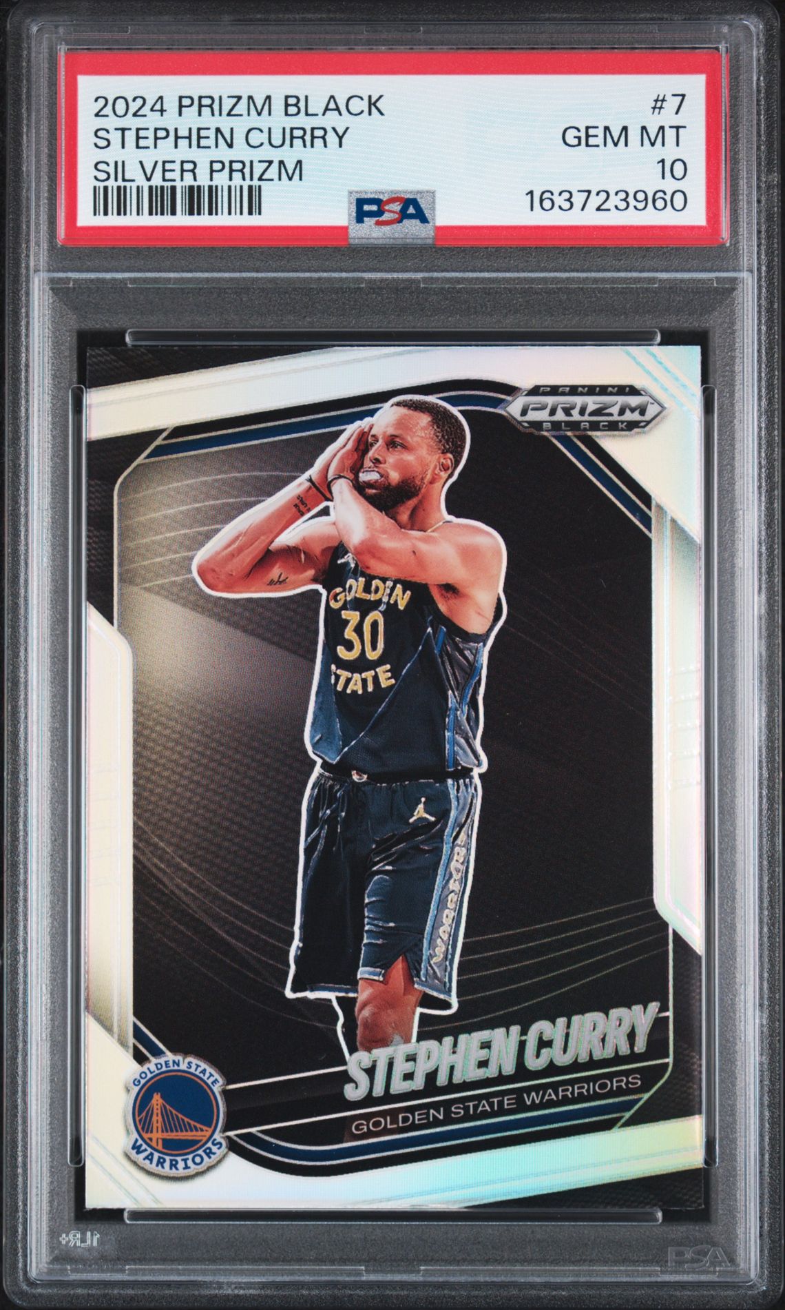 2024 Panini Prizm Black Stephen Curry #7 (Silver Prizm) Gem Mt 10 front view - PSA graded GEM MT 10