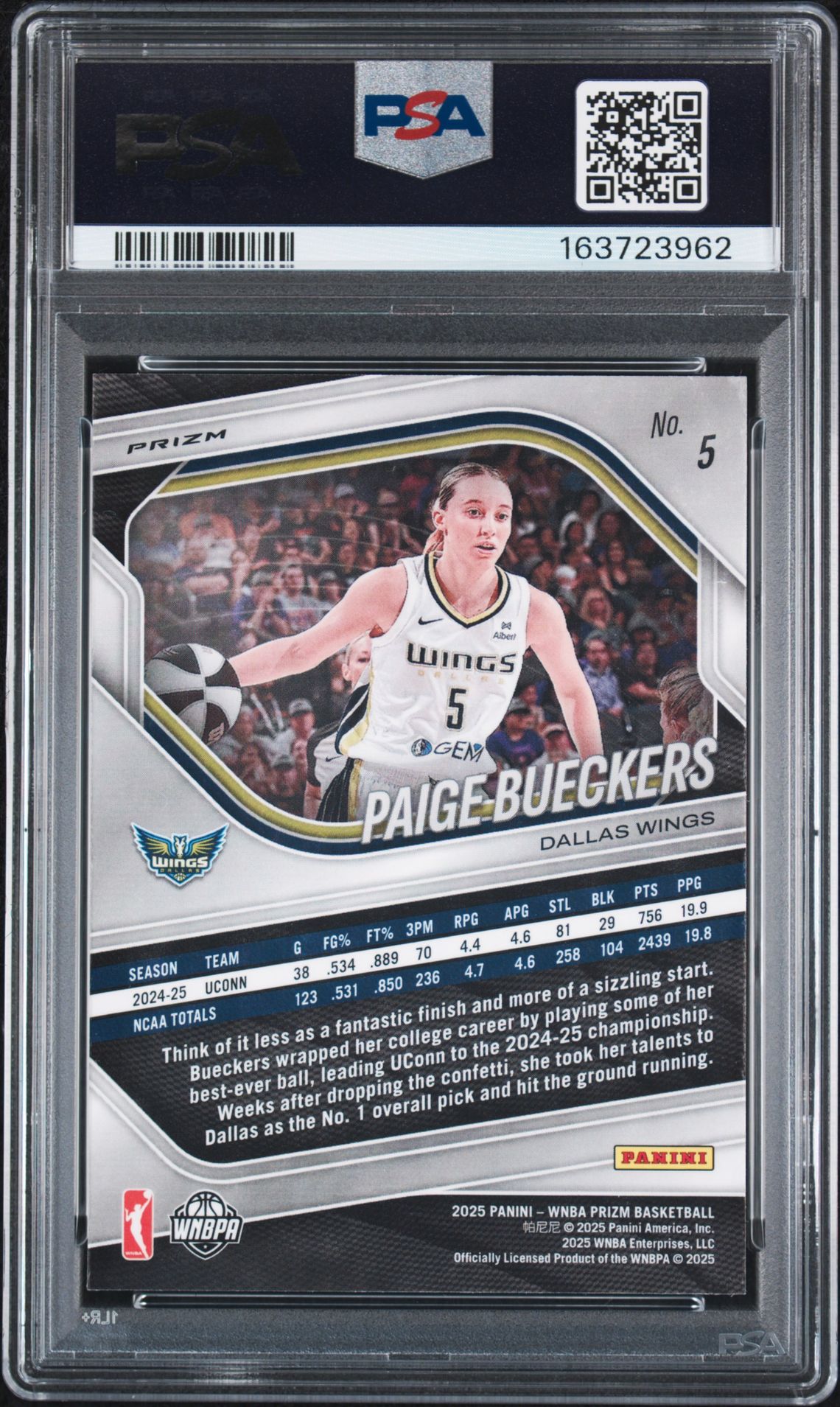 2025 Panini Prizm Wnba Paige Bueckers #5 (Silver Prizm) Gem Mt 10 back view - PSA certificate #163723962