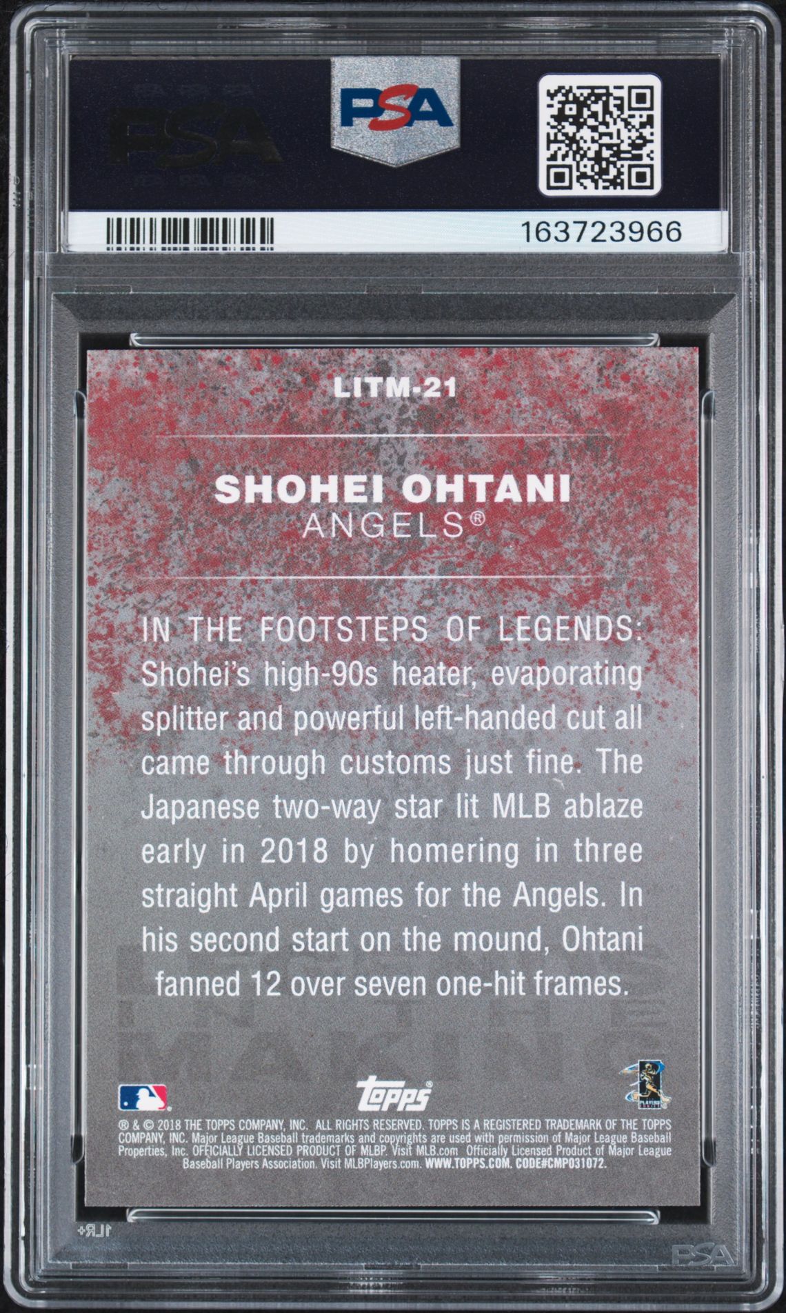 2018 Topps Update Legends In The Making Shohei Ohtani #Litm-21 (Legends In The Making) Gem Mt 10 back view - PSA certificate #163723966