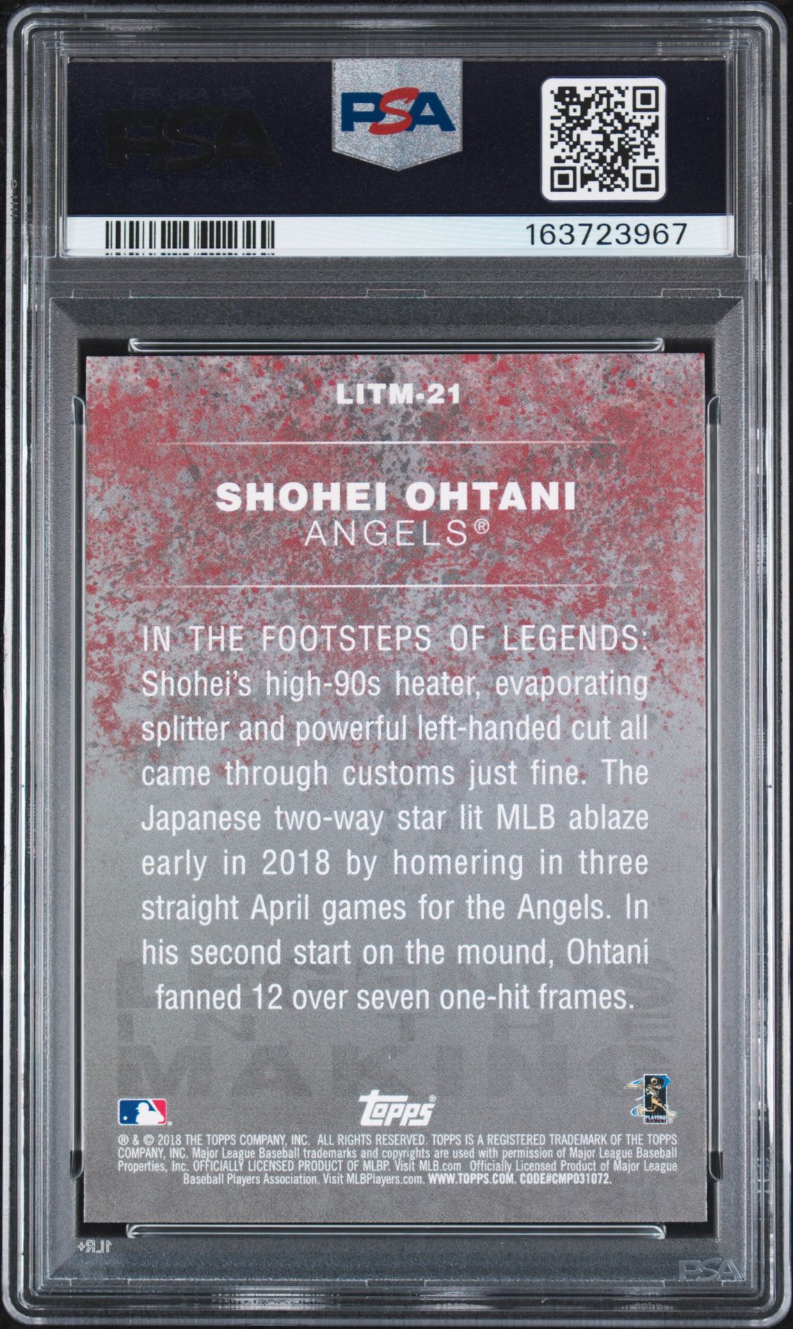 2018 Topps Update Legends In The Making Shohei Ohtani #Litm-21 (Legends/Making-Blue) Gem Mt 10 back view - PSA certificate #163723967