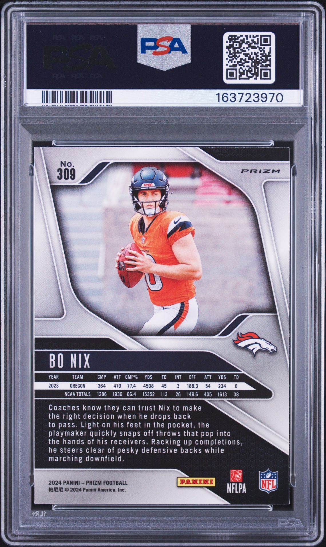 2024 Panini Prizm Bo Nix #309 (Silver Prizm) Mint 9 back