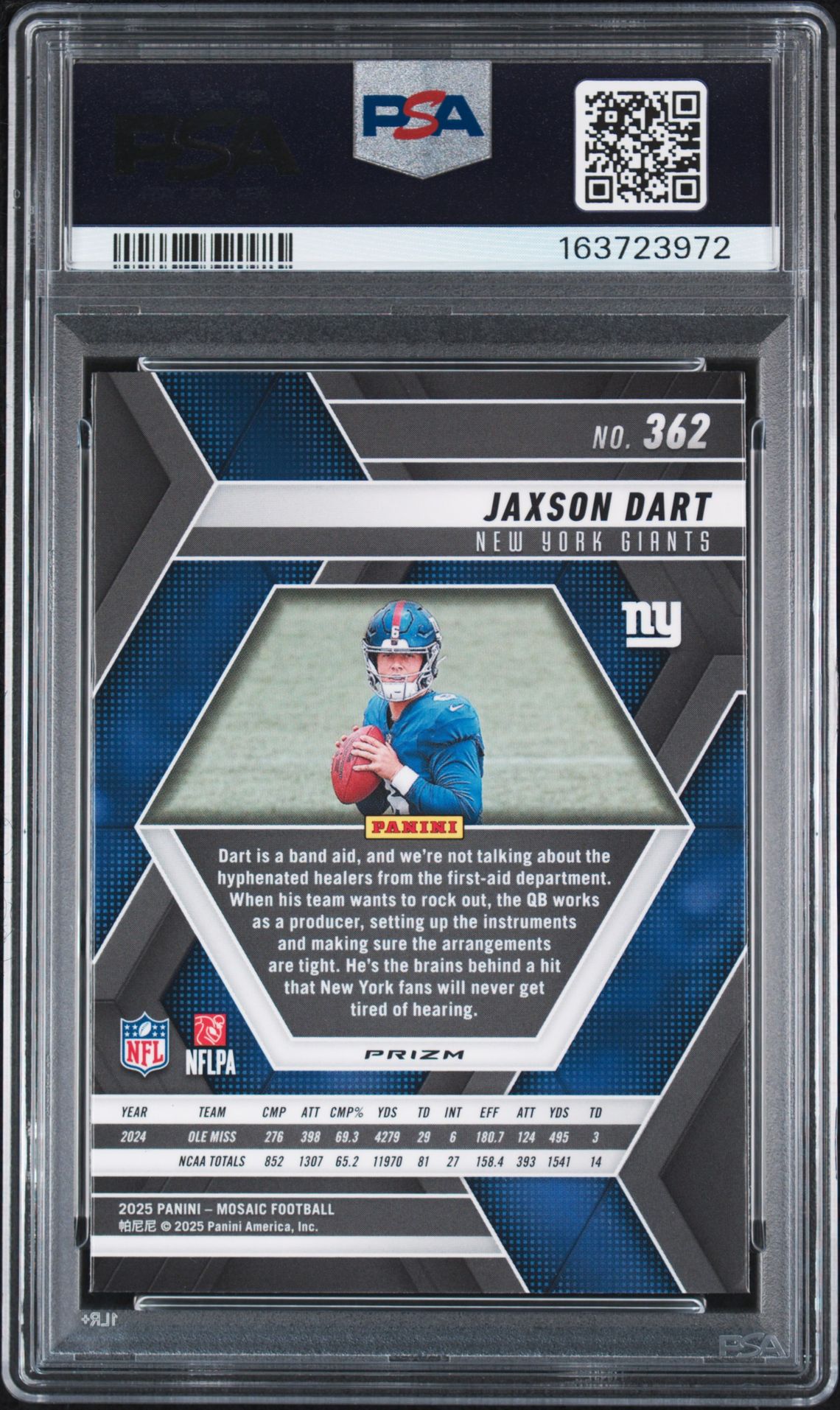 2025 Panini Mosaic Jaxson Dart #362 (Blue Scope) Gem Mt 10 back view - PSA certificate #163723972