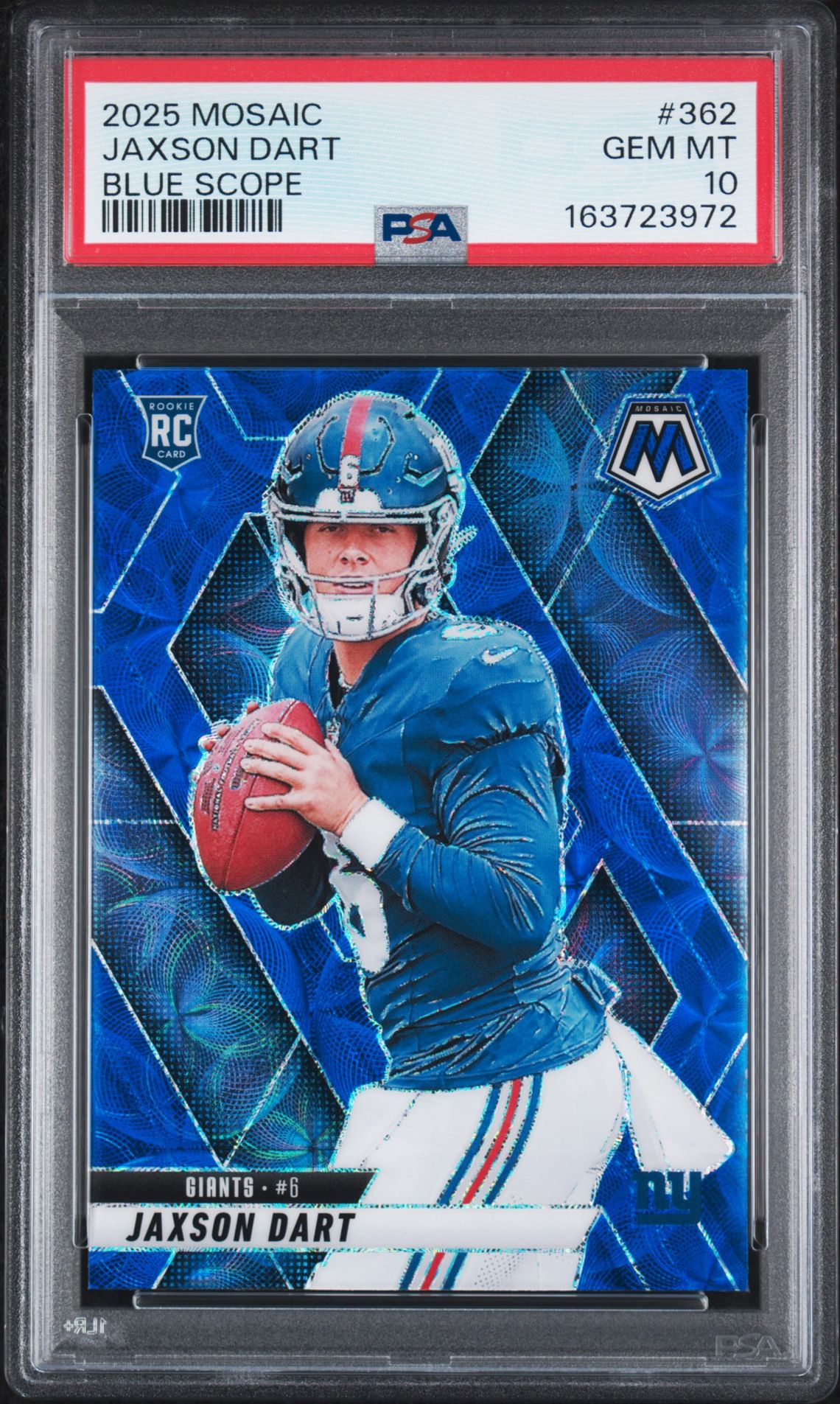 2025 Panini Mosaic Jaxson Dart #362 (Blue Scope) Gem Mt 10 front view - PSA graded GEM MT 10