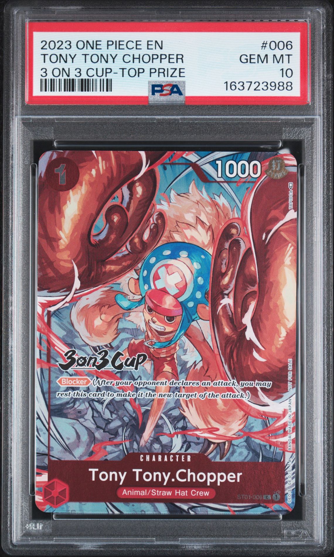 2023 One Piece Promos Tony Tony Chopper #006 (3 On 3 Cup-Top Prize) Gem Mt 10 front view - PSA graded GEM MT 10