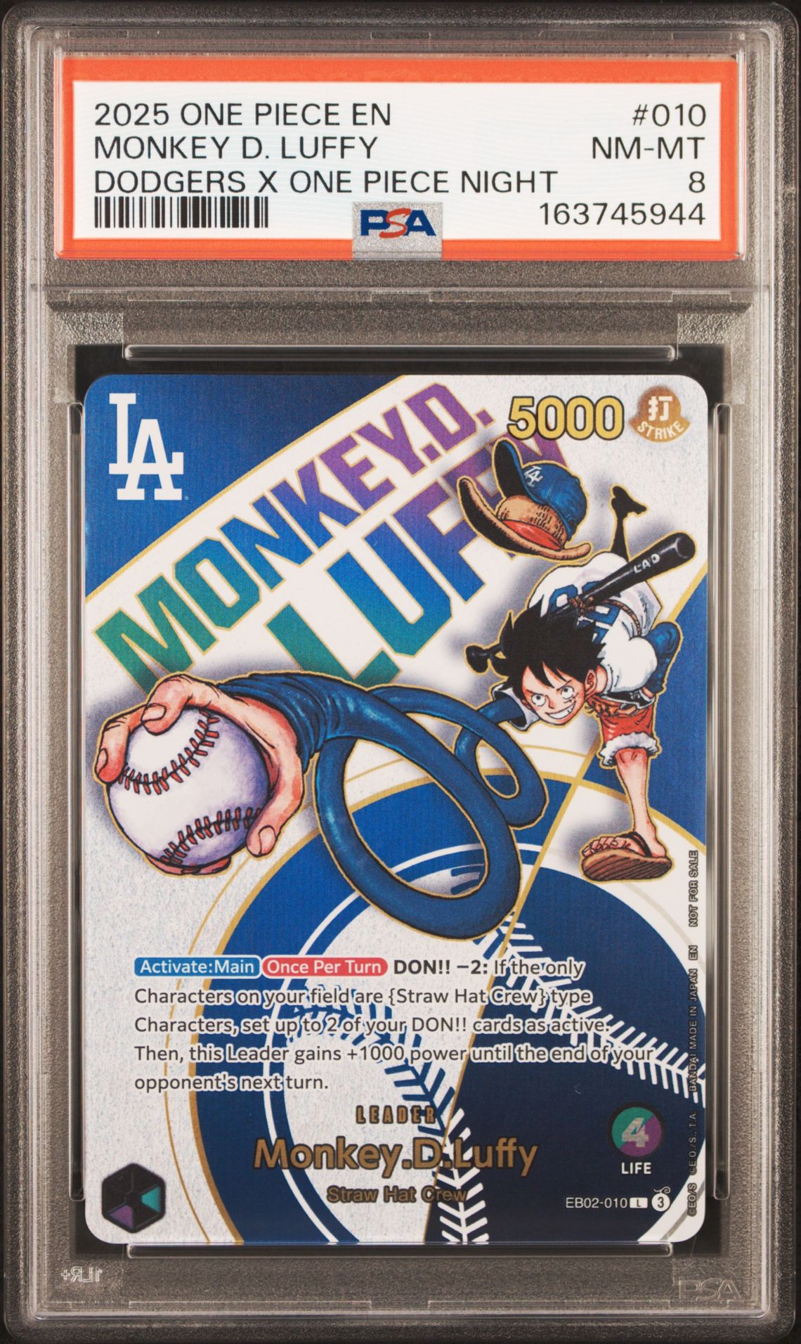 2025 One Piece Promos Monkey D. Luffy #010 (Dodgers X One Piece Night) Nm-Mt 8 front