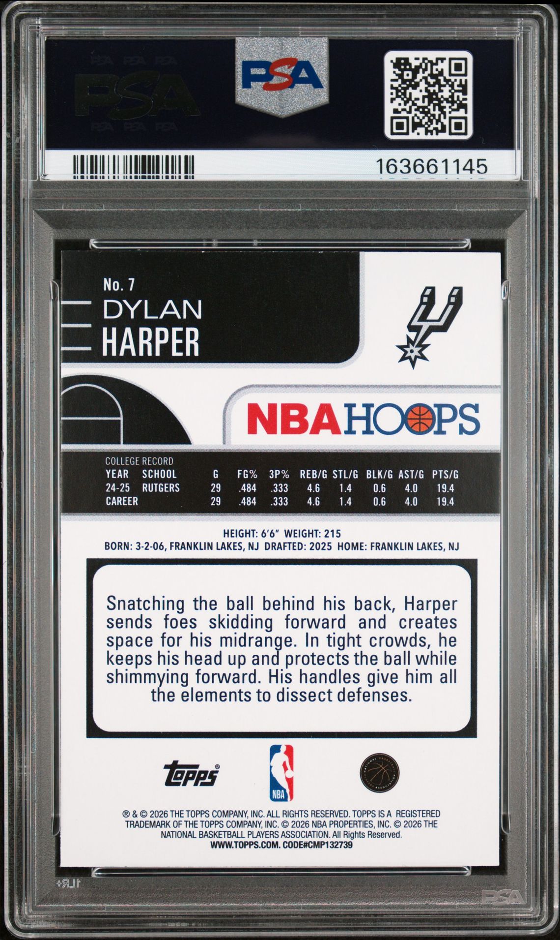 2025 Topps Nba Hoops Dylan Harper #7 Nm-Mt 8 back