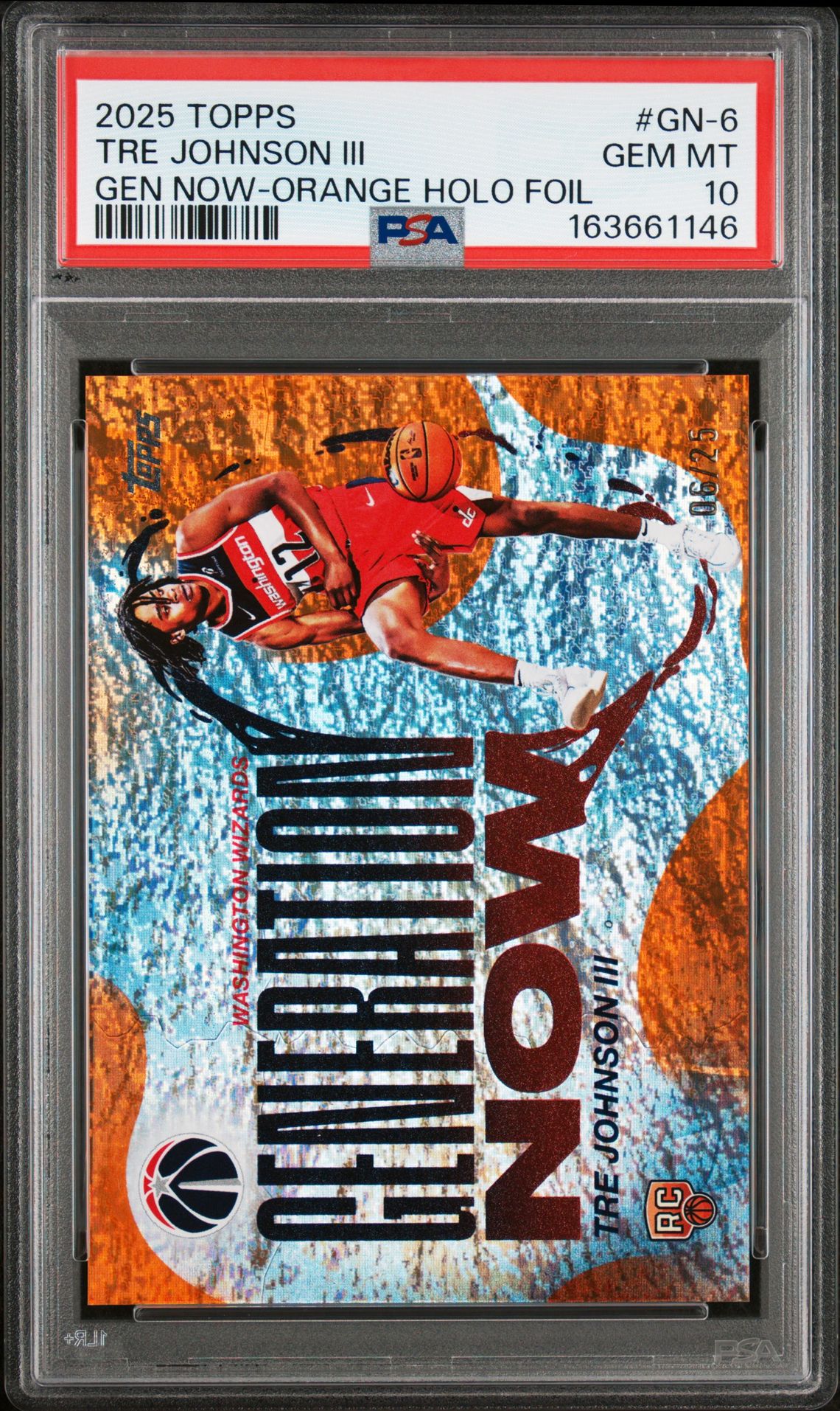2025 Topps Generation Now Tre Johnson Iii #Gn-6 (Gen Now-Orange Holo Foil) Gem Mt 10 front view - PSA graded GEM MT 10