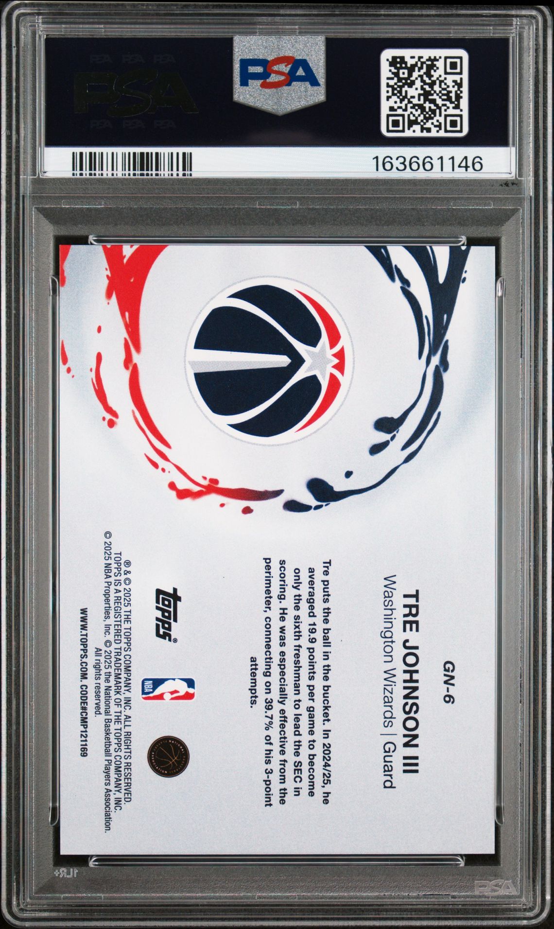 2025 Topps Generation Now Tre Johnson Iii #Gn-6 (Gen Now-Orange Holo Foil) Gem Mt 10 back view - PSA certificate #163661146