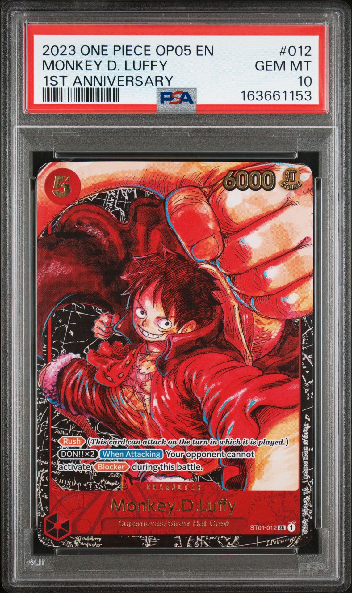 2023 One Piece Op05-Awakening Of The New Era Monkey D. Luffy #012 (1St Anniversary) Gem Mt 10 front