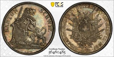 1867 5 Fr Schwyz R-1070 MS64