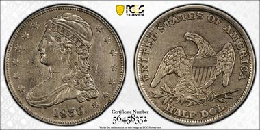 1839 50C Capped Bust N1