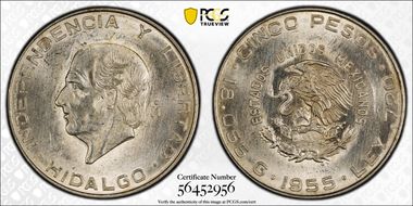 1955-Mo 5 Peso KM-469  Ag MS63