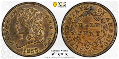 1833 1/2C C-1 AU58BN