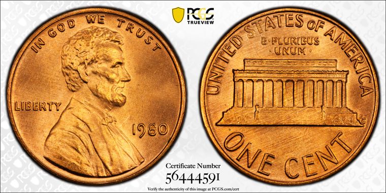 1980 no-mintmark cent, PCGS MS68RD, certification 56444591. This specimen is NOT an example of MS66 or MS67. Photo: PCGS TrueView.