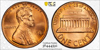 1982 1C Bronze, Large Date MS68RD